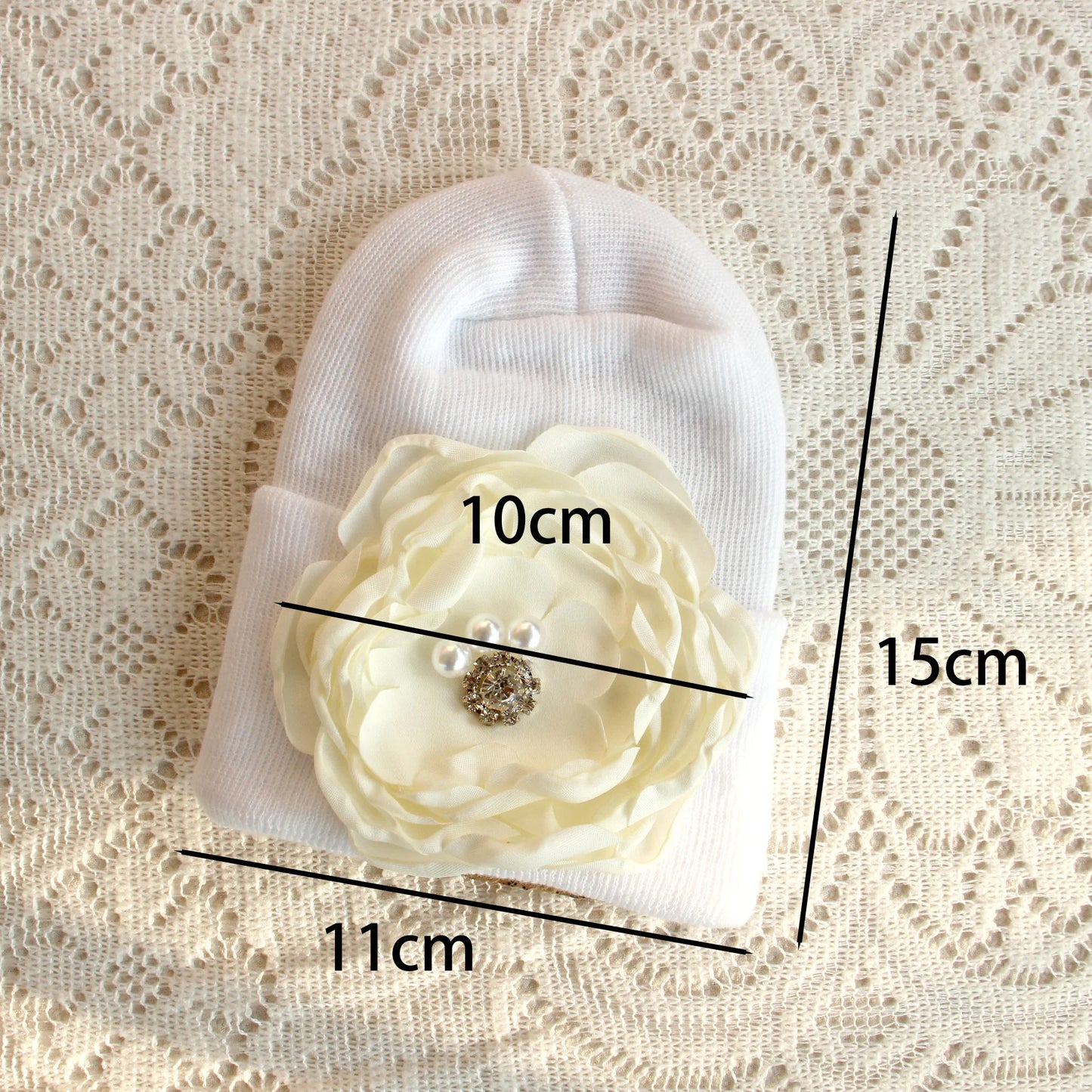 0-6 Months Newborn Knit Baby White Hat Baby Girl Knitted Bonnet Satin Diamond Flower Hat