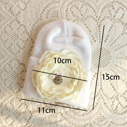 0-6 Months Newborn Knit Baby White Hat Baby Girl Knitted Bonnet Satin Diamond Flower Hat