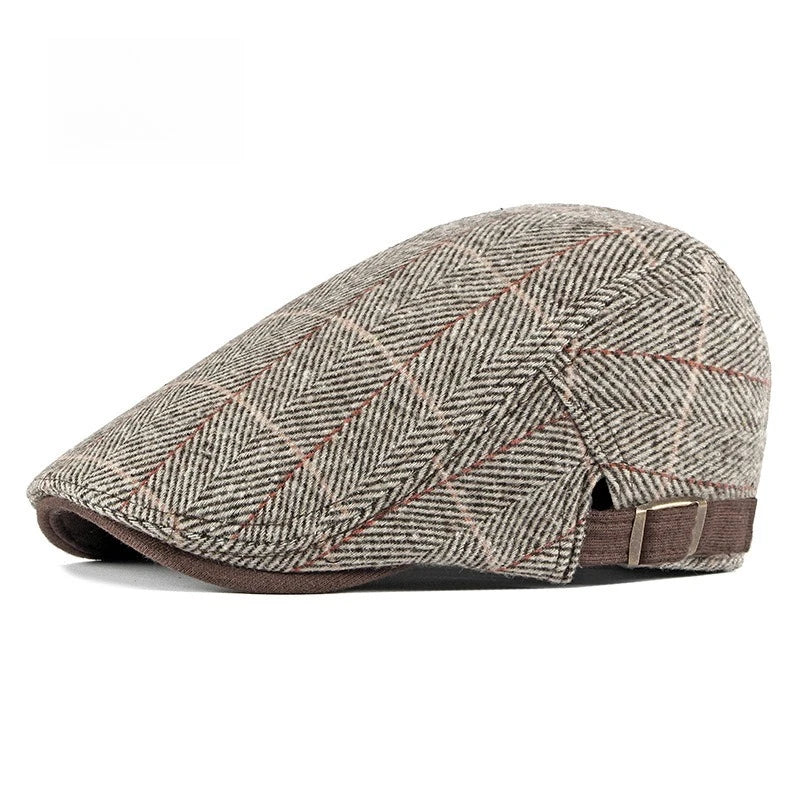 Men Vintage Herringbone Plaid Tweed Newsboy Cap