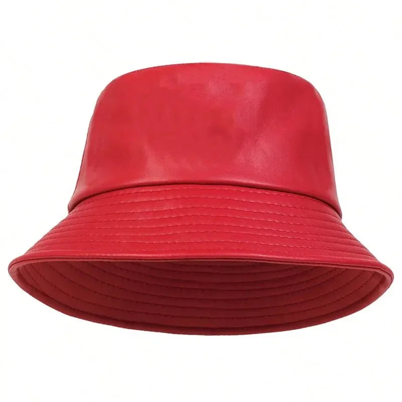 Unisex Solid Color Personality Pu Leather Bucket Hats Fishermen Caps Outdoor