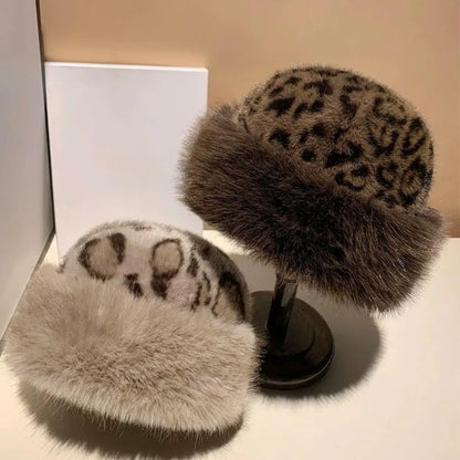 Hot Leopard Print Fur Hat Women Windproof Keep Warm Headgear Fur