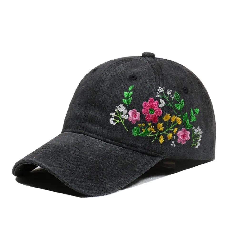 Vintage Flower Embroidery Baseball Cap Washed Cotton Adjustable