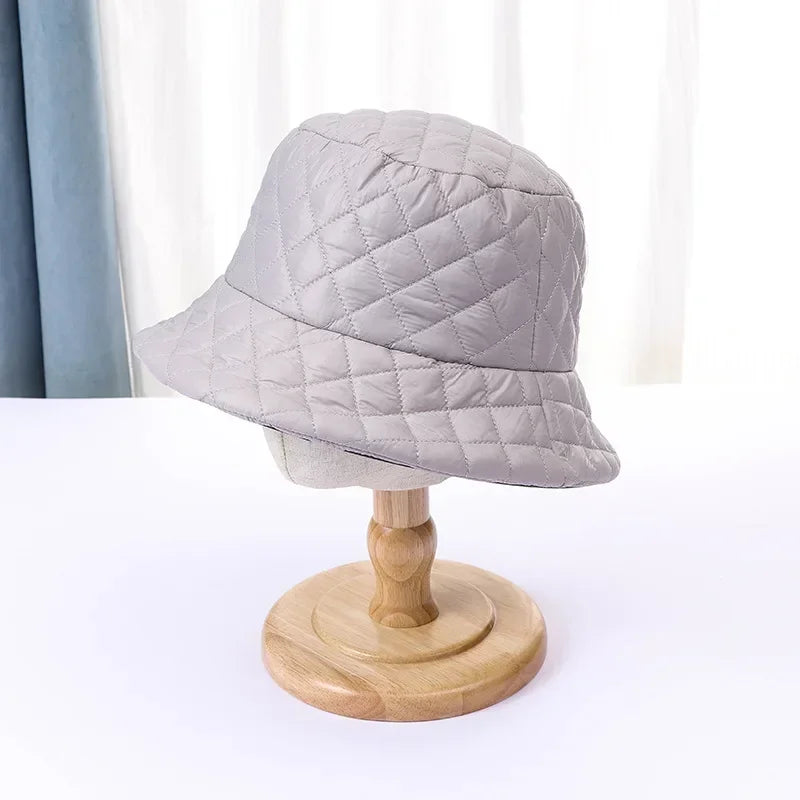 Winter New Ultra Light Down Cotton Rhombus Fisherman Hat  Cap Cotton Jacket Warm Korean Casual y2k Pot Hat