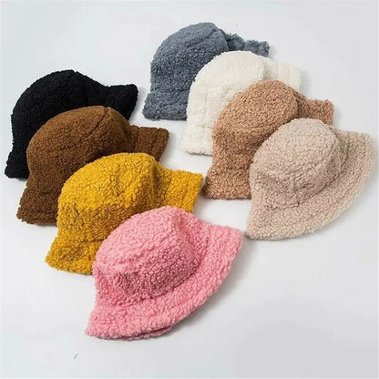 Winter Lamb Wool Soft Warm Bucket Hat Sun Cap Panama Hat Fisherman Cap
