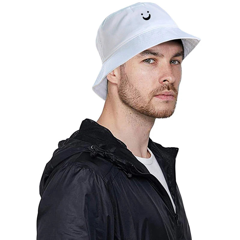 Unisex Bucket Hat Smile Face Embroidery Double Sided Wear Visor Cap