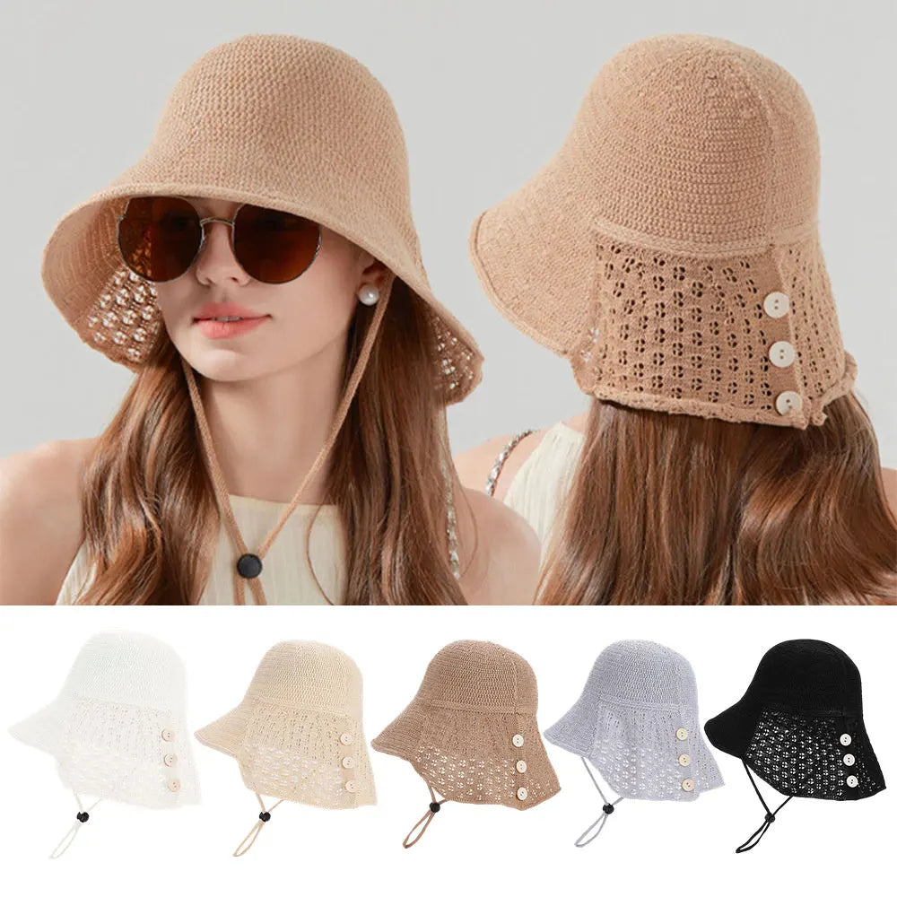 Summer Sun Hat Foldable Bucket Hats Button Design Beach Sun Protection Hat