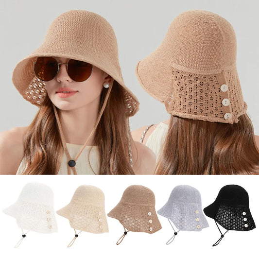 Summer Sun Hat Foldable Bucket Hats Button Design Beach Sun Protection Hat