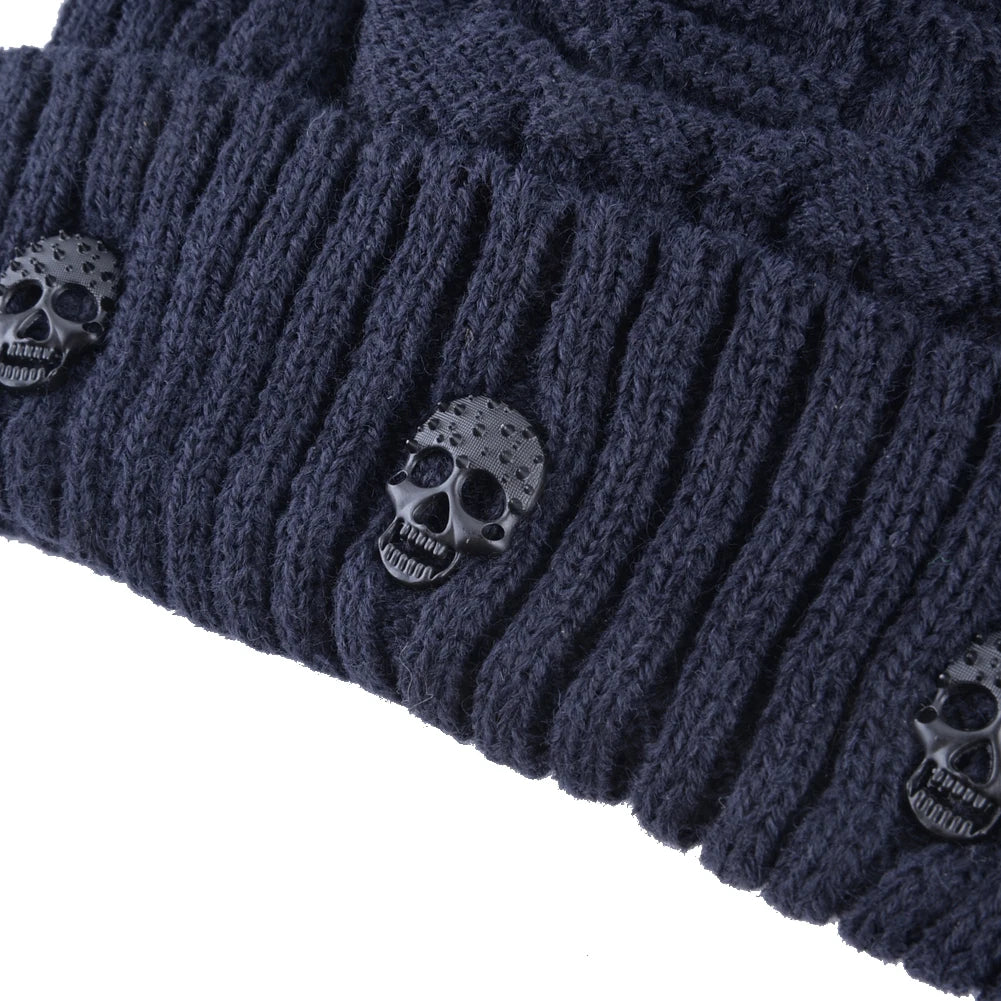 Winter Beanies Men Knitted Skull Pattern Solid Color Hat With Metal Skulls