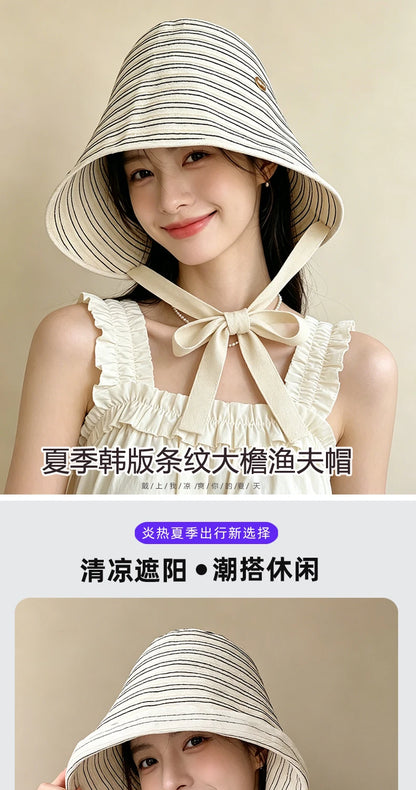 Korean Striped Fisherman Hat Summer Outdoor Travel Sun Hat Japanese Strap Wrapped Around the Brim Sun Hat