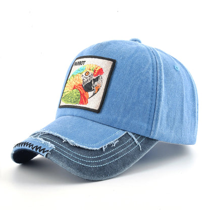Vintage Denim Baseball Cap With Embroidery Animals