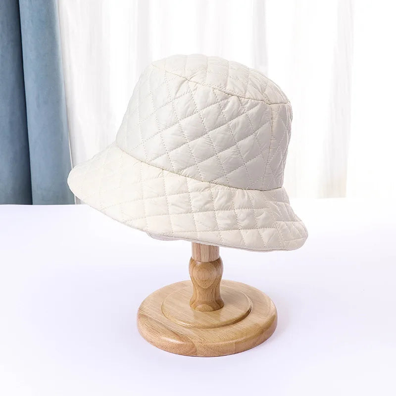 Winter New Ultra Light Down Cotton Rhombus Fisherman Hat  Cap Cotton Jacket Warm Korean Casual y2k Pot Hat