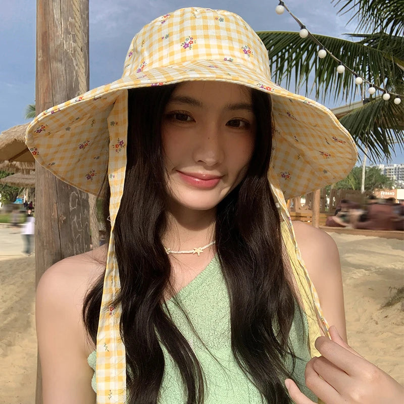 Double-Sided Plaid Wide Edged Lace-Up Bucket Hat