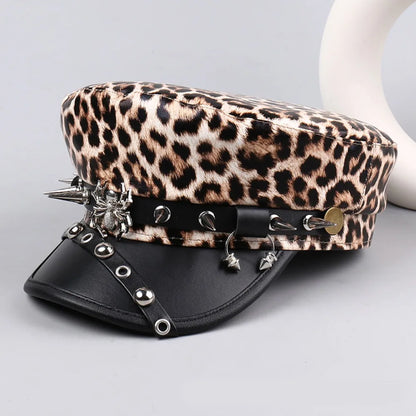 Retro Hip-Hop Rivet Leopard Hat Punk Harajuku Y2k Beret Hat