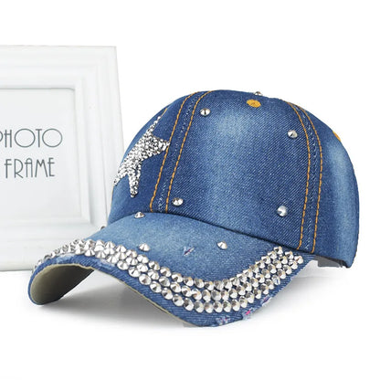 New Women Washed Denim Rhinestone Crown Baseball Cap