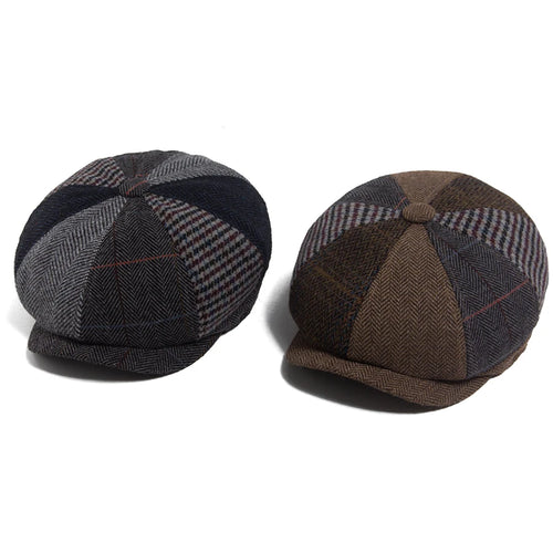 Vintage Newsboy Cap Men Herringbone Plaid Patchwork Pattern Women Beret