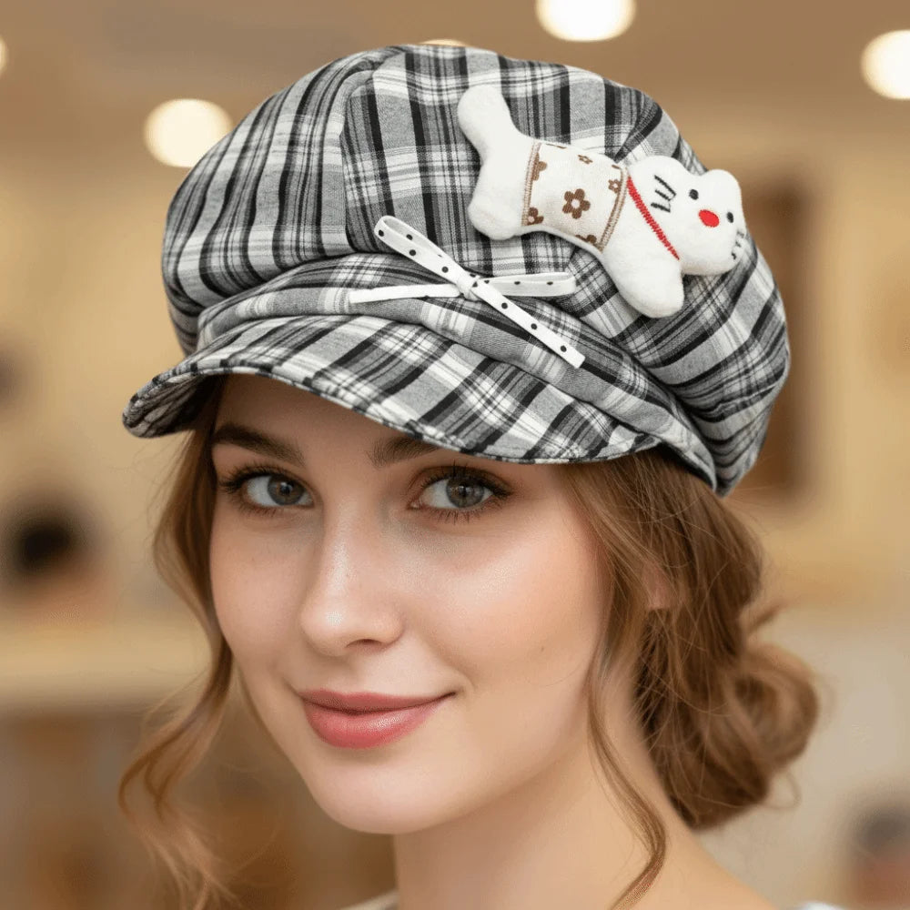 Cute Face Slimming Plaid Beret Hat Sun Protection Y2K Newsboy Hat