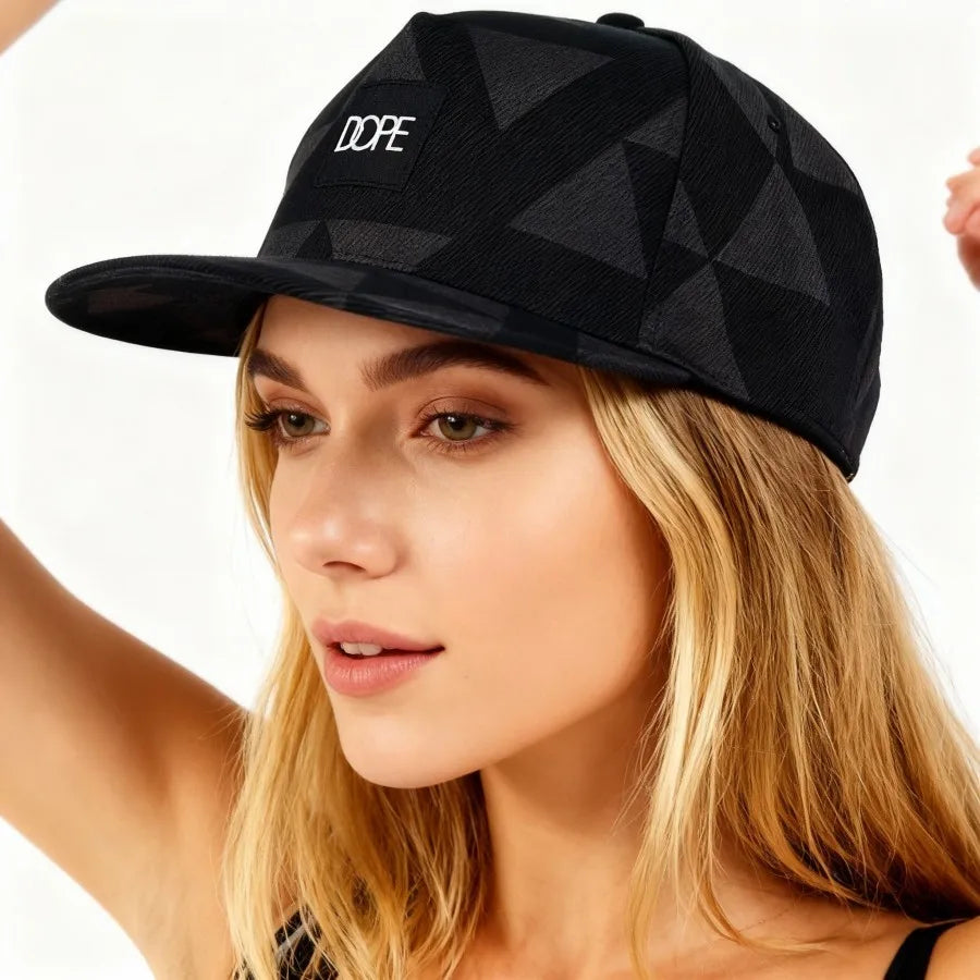 Black White Geometric Triangle Print Snapback Hat Flat Brim Hip Hop Adjustable Streetwear Sun Hat