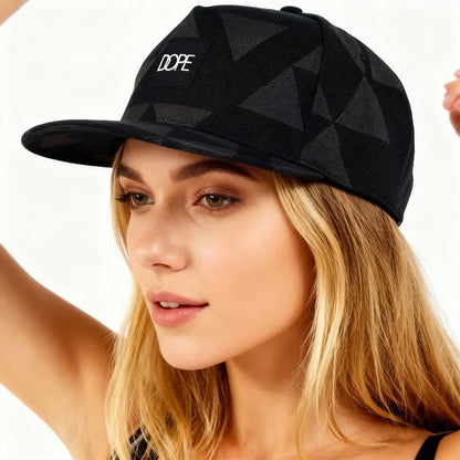 Black White Geometric Triangle Print Snapback Hat Flat Brim Hip Hop Adjustable Streetwear Sun Hat