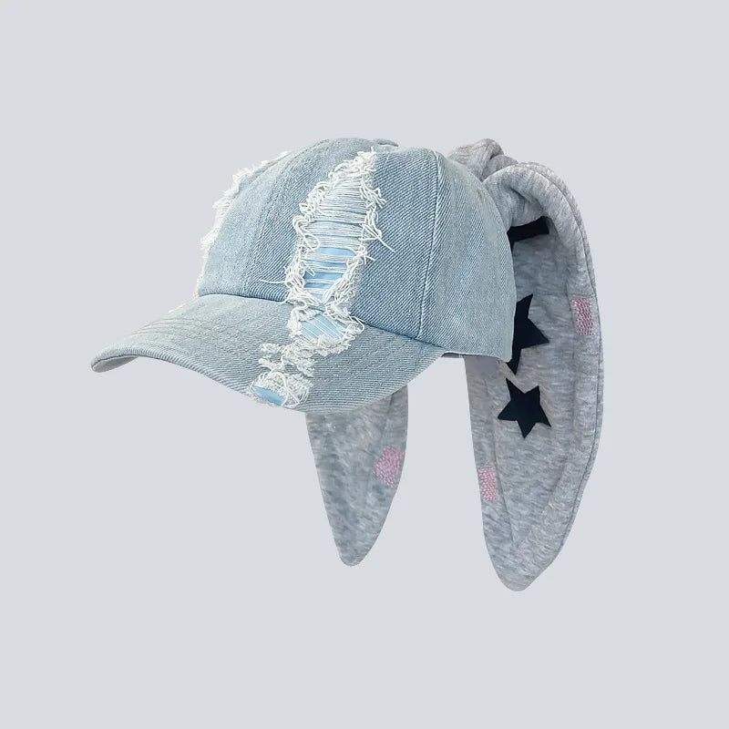 Niche Y2k Rabbit Ears Denim Ripped Baseball Cap Men and Women