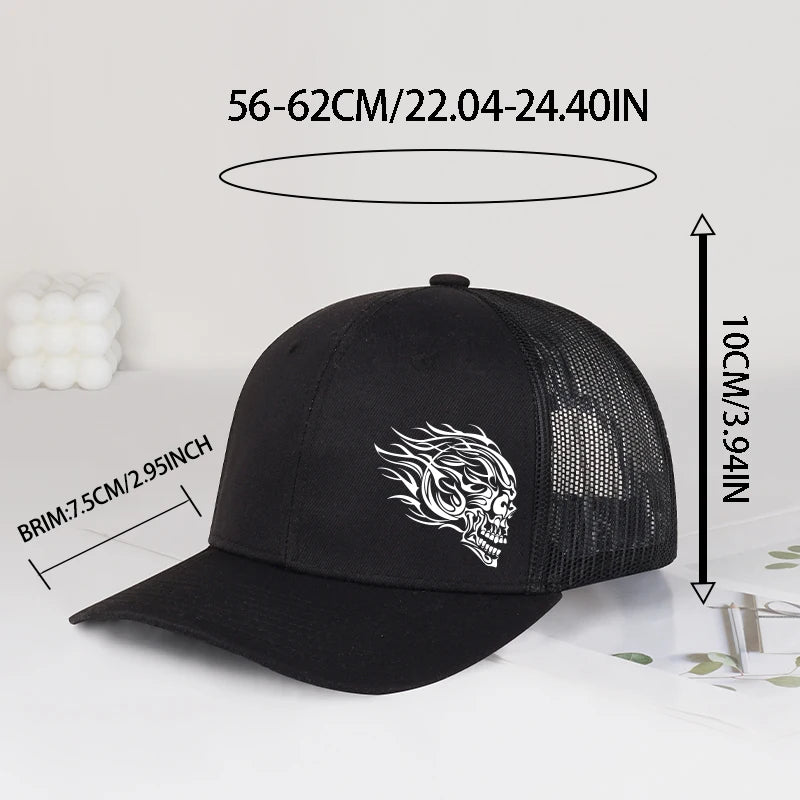 Flame Skull Print Trucker Cap Breathable Mesh Adjustable Cool & Bold Rocker Style Fashion Unisex Outdoor