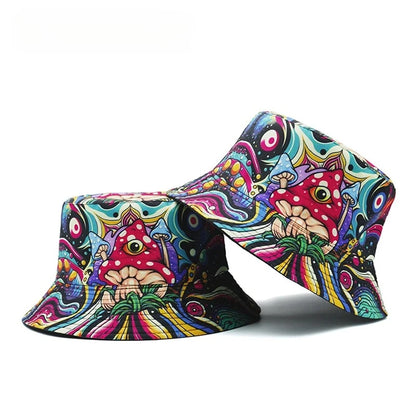 Bucket Hat Cartoon Mushroom Psychedelic Print Pattern Fisherman Hats Double Sides Caps