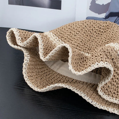 Fashion Wavy Brim Beach Straw Hat Summer Women Foldable Visor Bucket Hat