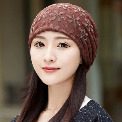 Autumn Lace Flower Beanies Cap Breathable Elegant Thin Crochet Slouchy Hat