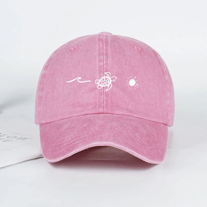 Retro Washed Baseball Cap With Wave Turtle and Sun Print Unisex Adjustable Dad Cap Summer Beach Sun Hat