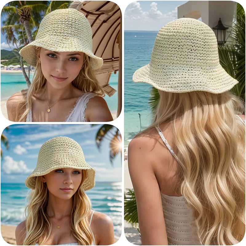 Handmade Straw Woven Retro Crochet Fisherman Hat Outdoor