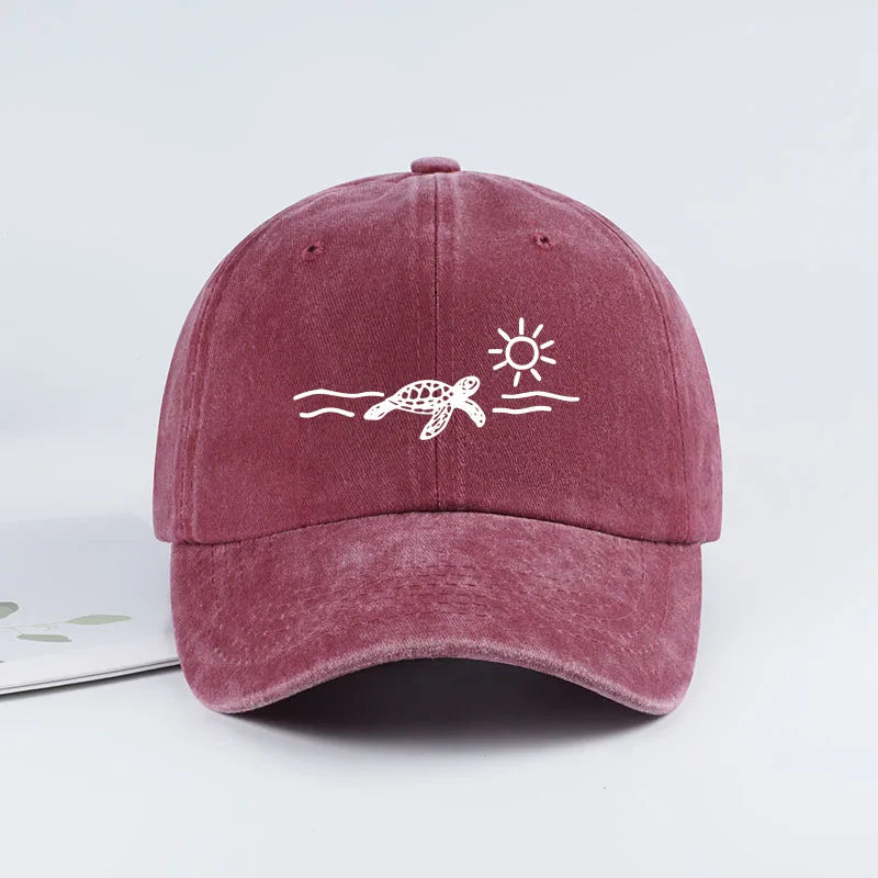 Vintage Washed Baseball Cap with Turtle, Sun, and Wave Print