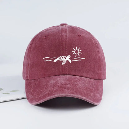 Vintage Washed Baseball Cap with Turtle, Sun, and Wave Print