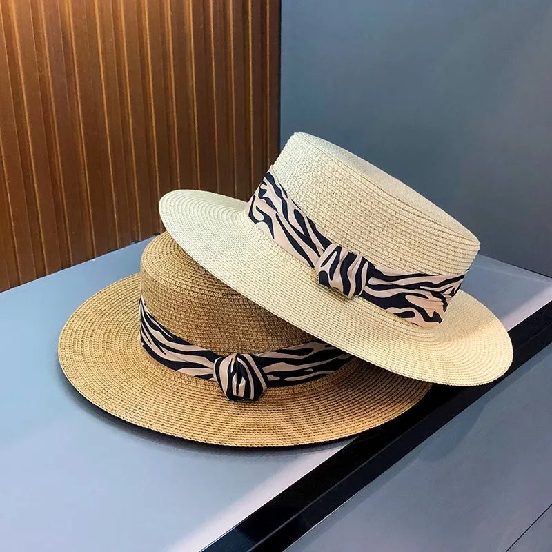 Women Summer French Retro Zebra Print Flat Top Straw Hat Outdoor Vacation Beach