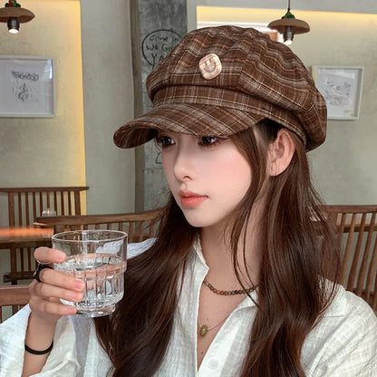 Women College Style Plaid Beret Korean Versatile Face Small Bud Painter Hat