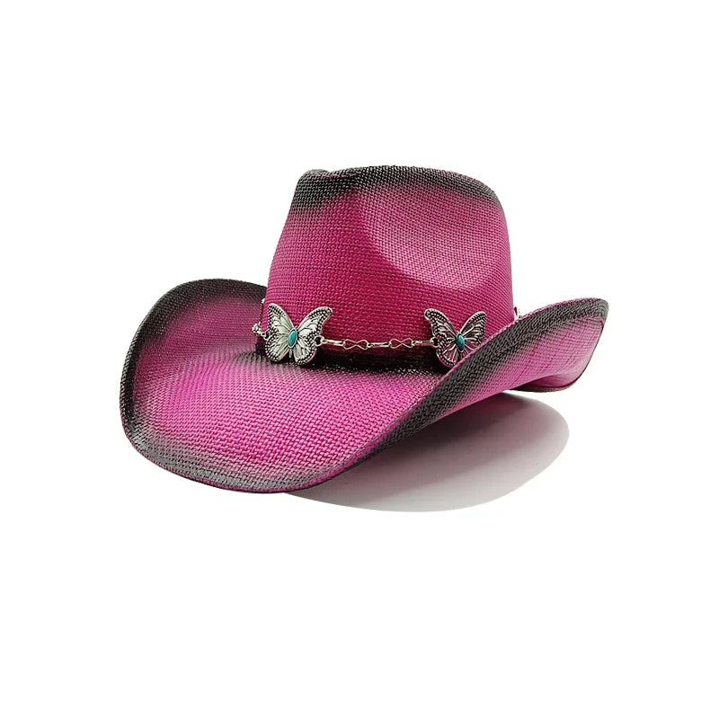 Western Thick Cowboy Hat Retro Pink Gradient Straw Hat