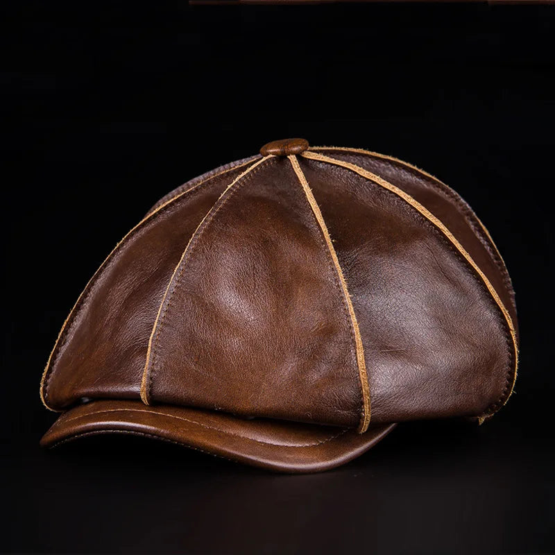 Men's Genuine Leather Warm Octagonal Cap Elegant Adjustable Newsboy Beret