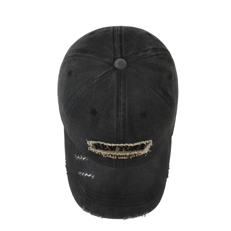 Vintage Distressed Hole Embroidery Letter Denim Baseball Cap