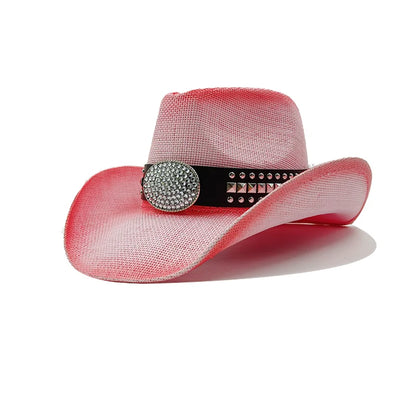 Western Thick Cowboy Hat Retro Pink Gradient Straw Hat