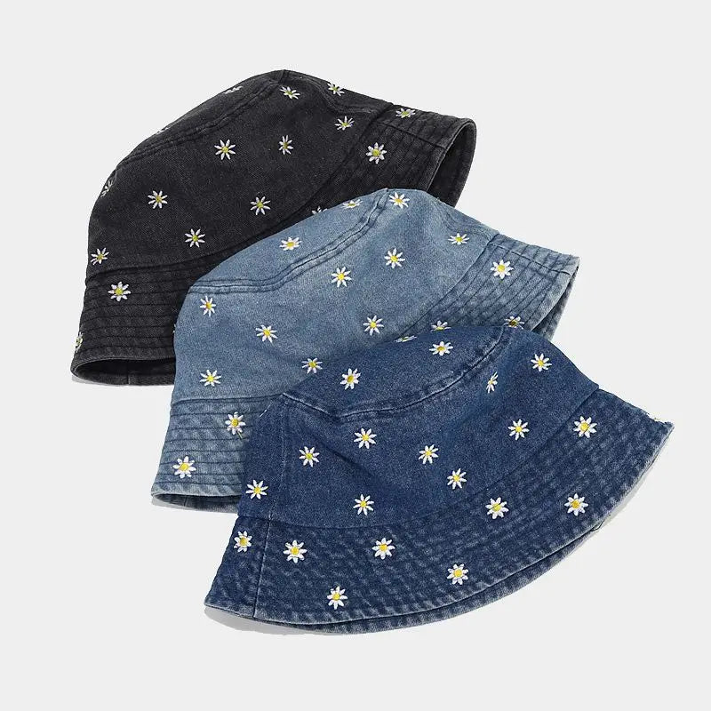 Four Seasons Denim Flower Embroidery Bucket Hat Fisherman Hat Outdoor Travel Sun Cap for Men and Women