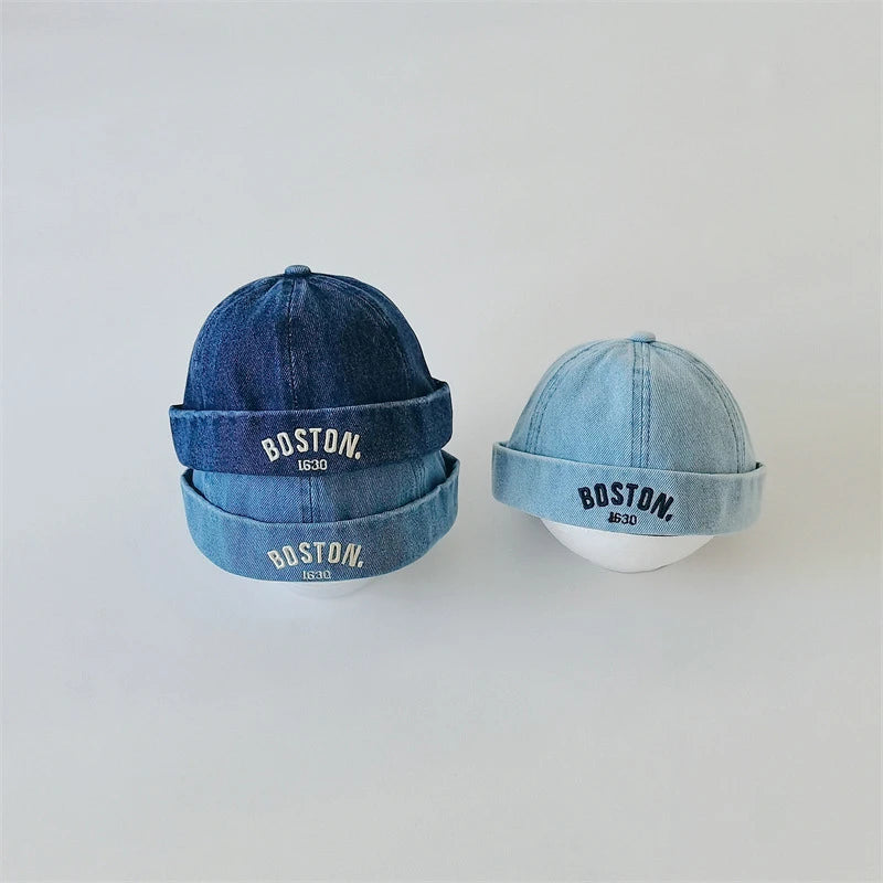 Washed Denim Baby Brimless Hat Retro Letter Embroidered Melon Cap For Kids