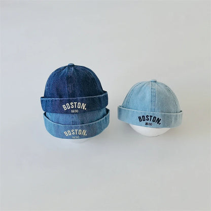 Washed Denim Baby Brimless Hat Retro Letter Embroidered Melon Cap For Kids