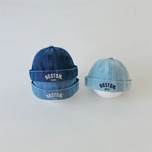 Washed Denim Baby Brimless Hat Retro Letter Embroidered Melon Cap For Kids