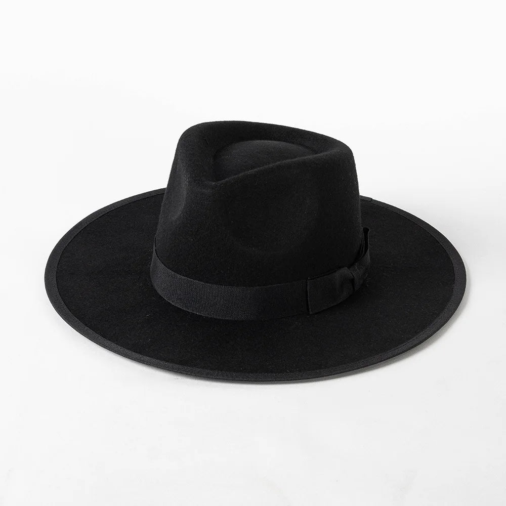 New British 100% Wool Fedoras Hat Women Retro Jazz Top Bow Felt Hat Men