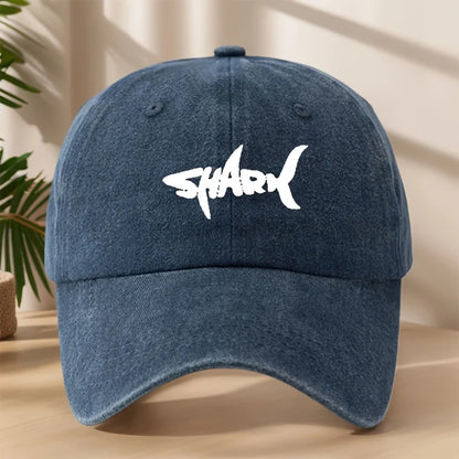Men's Shark Patterned Baseball Cap with Washed Retro Design Suitable