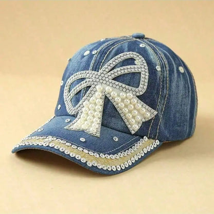 Bow Pearl Diamond Denim Baseball Cap, Spring And Summer