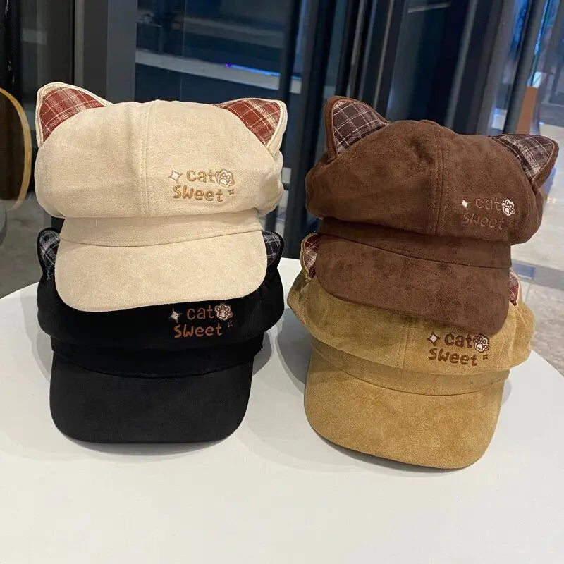 Kawaii Cat Ear Newsboy Cap Faux Suede Women Baker Boy Cap Letter Embroidery Autumn Snap Brim Y2k Hat