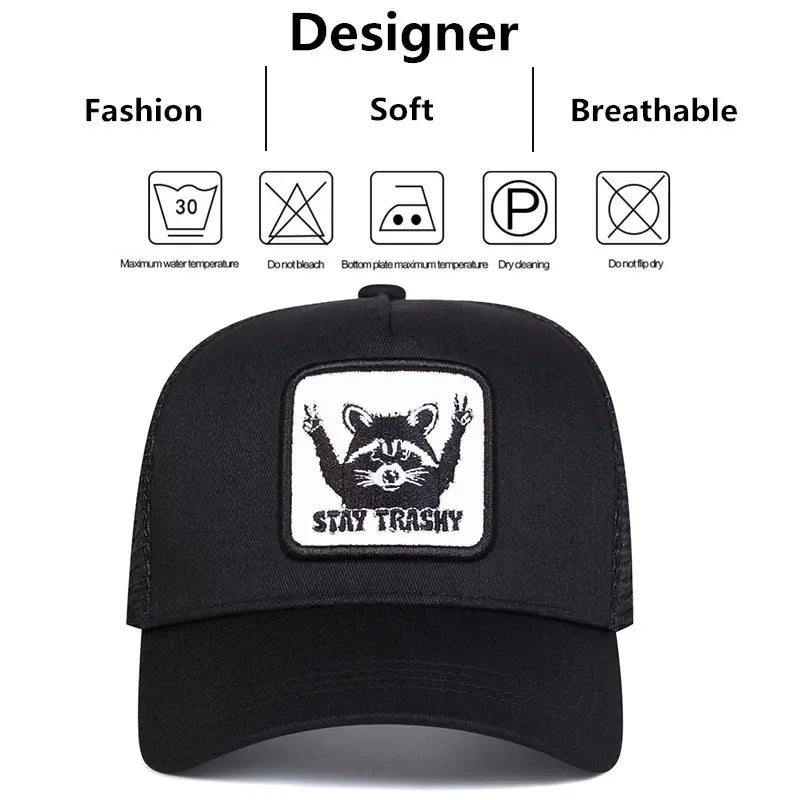 Unisex Stay Trashy Raccoon Embroidery Baseball Net Caps Spring Summer