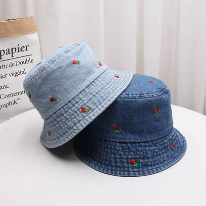 Summer Embroidery Cherry Washed Denim Bucket Hat For Women