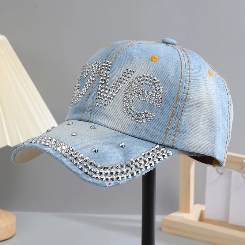 A Women’s Sparkle Bling Rhinestone Bejeweled Cotton Denim Baseball Cap