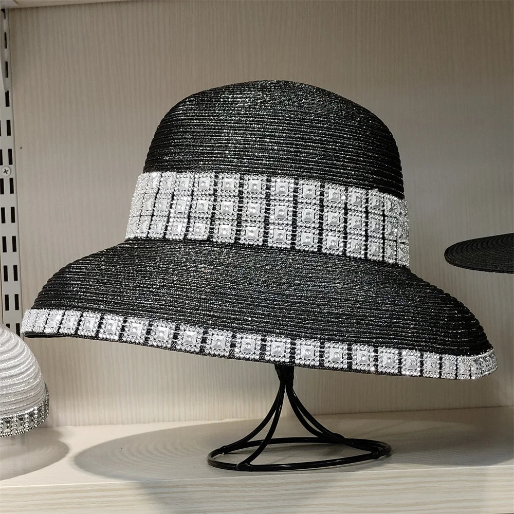 Woolen Rhinestone Solid Color Basin Hat Leisure Outdoor Beach Sun Hat