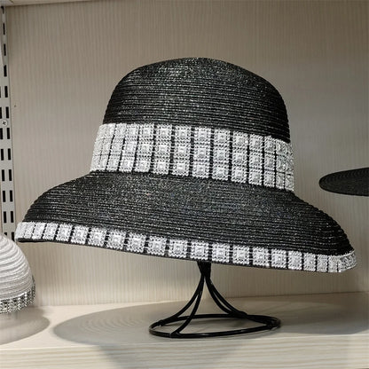Woolen Rhinestone Solid Color Basin Hat Leisure Outdoor Beach Sun Hat